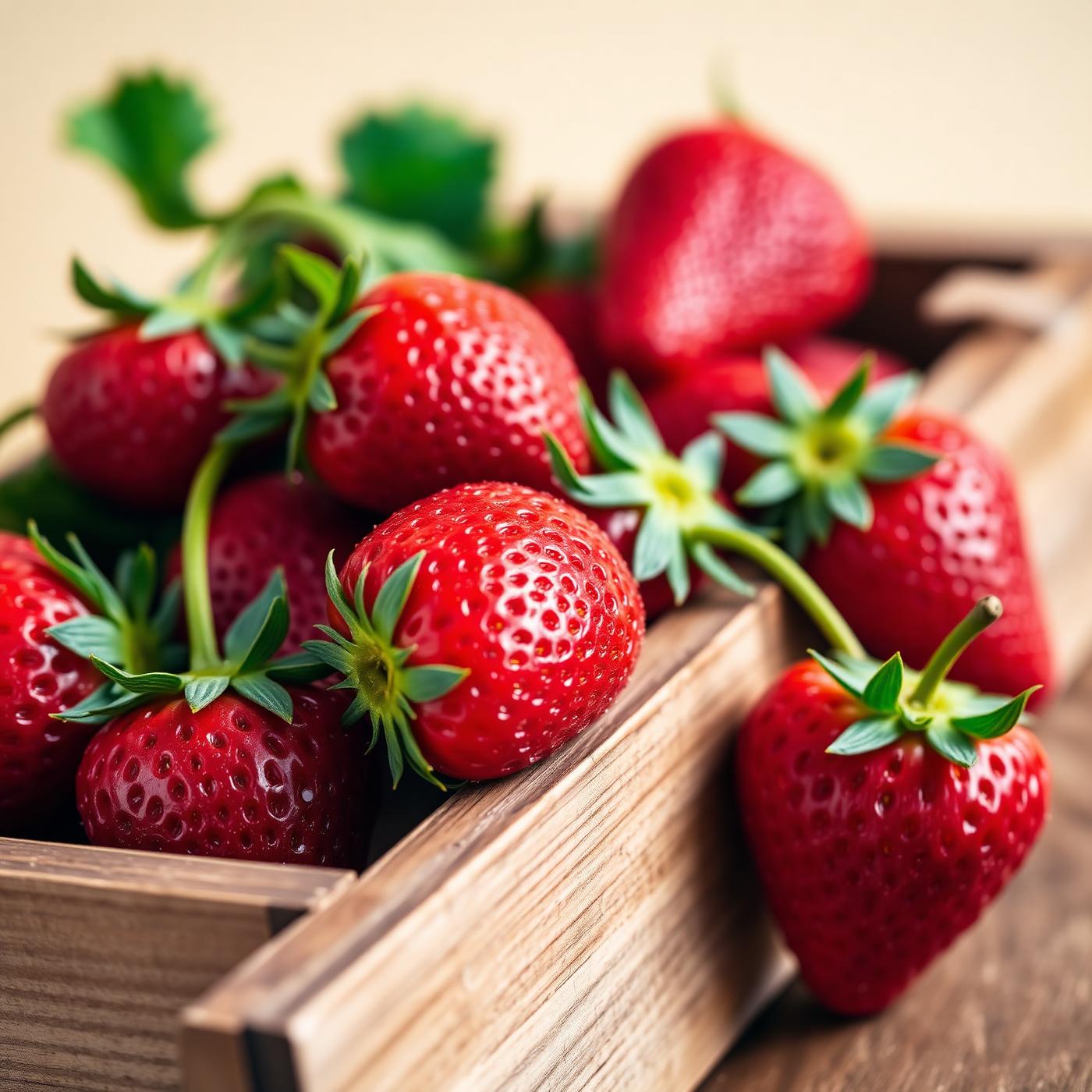 Wooden crate of freshly picked strawberries
